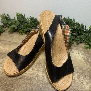 Crocs Black Leather Slingback Cork Wedge Ladies Size 8 Y2K